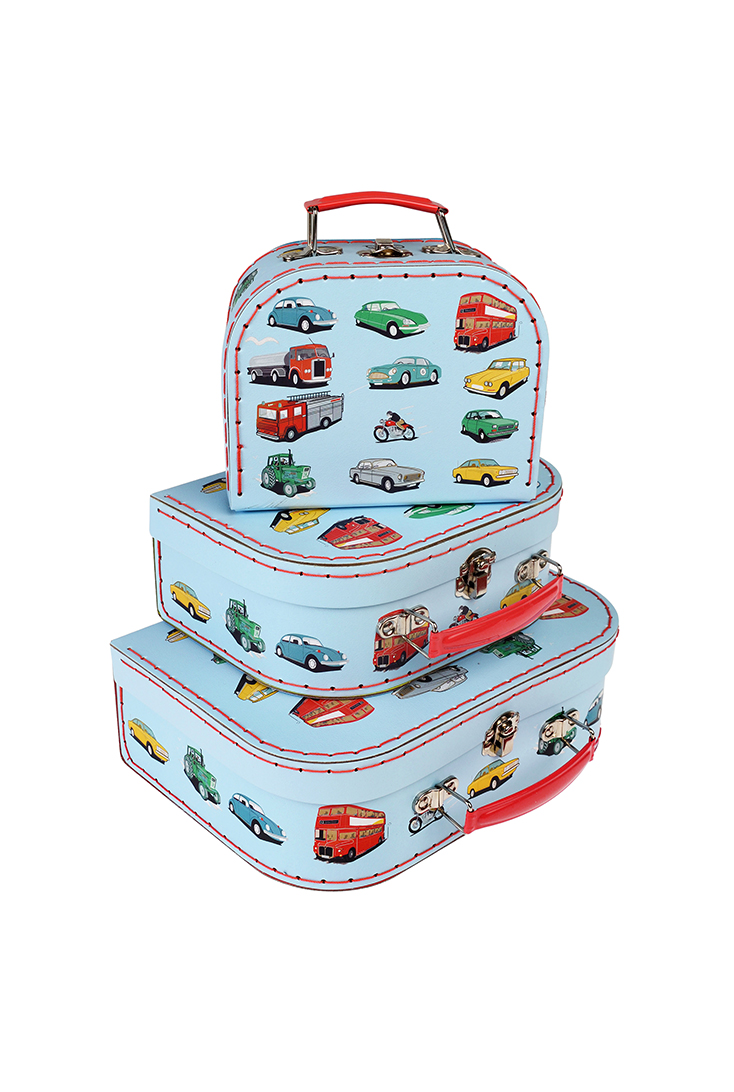 3 kufferter med køretøjer - Sejt kuffertsæt til børn. Køb det M&W